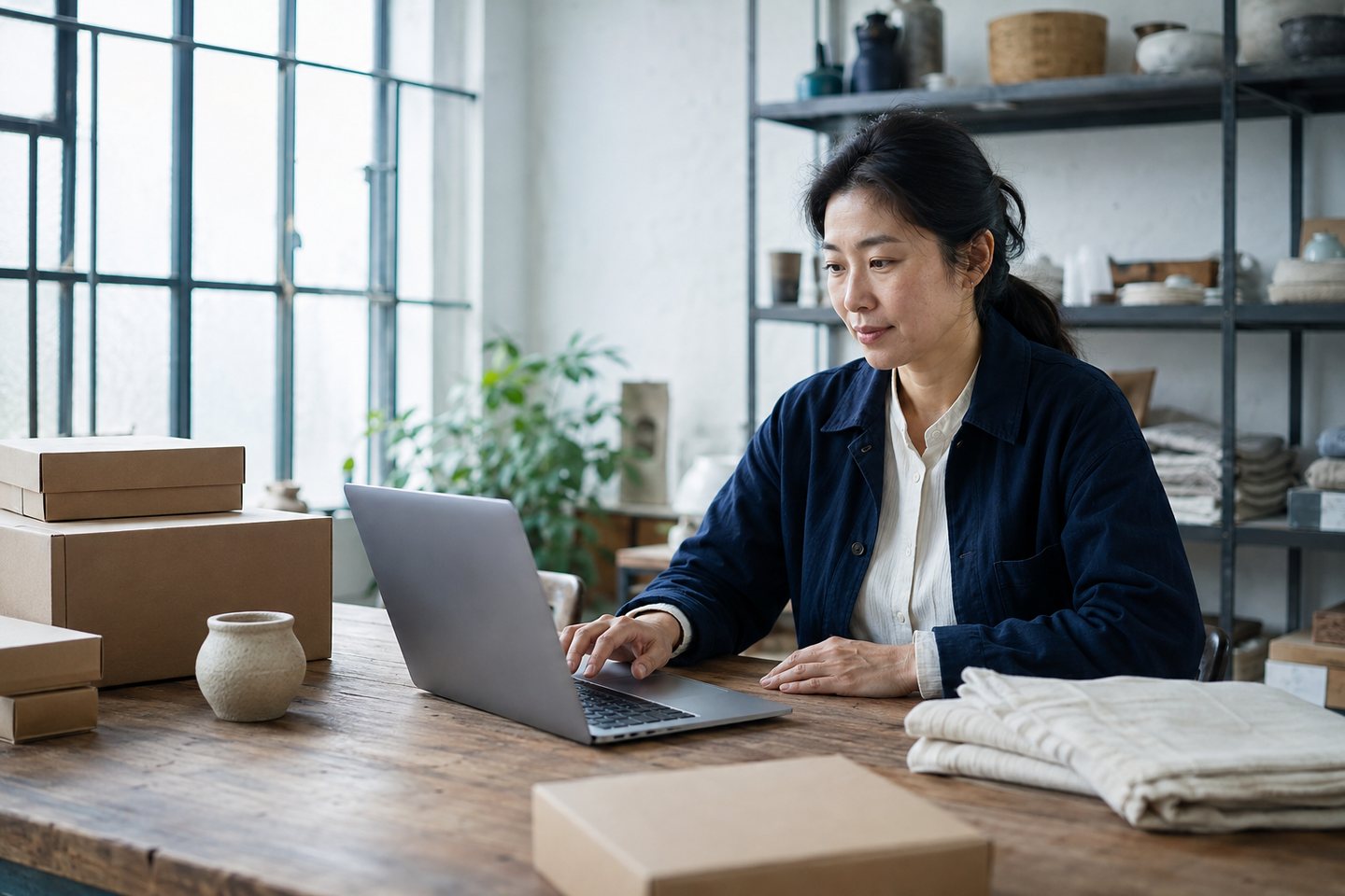 A small-business owner working at a laptop beside parcels in a bright design studio.