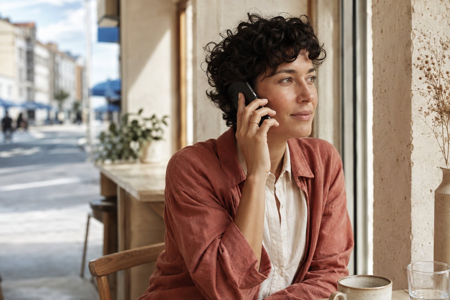 A customer listening to a phone call by a sunlit café window.